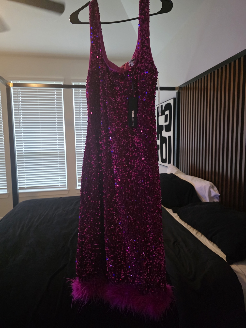 Fashion Nova Hot Pink Sequin Midi Dress with Feather Hem - Picture 4 of 5